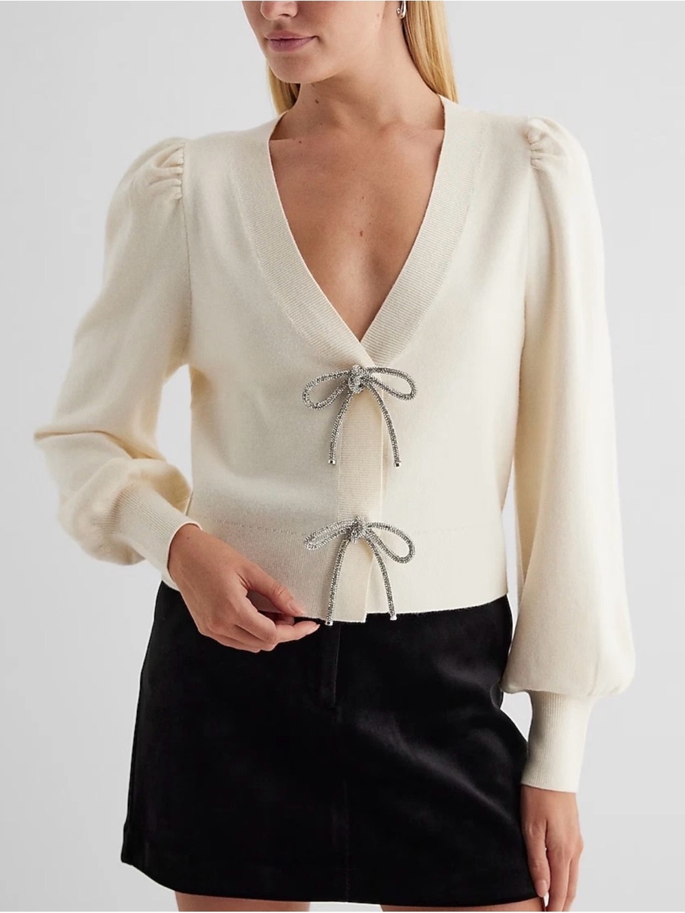 Express Cream V-Neck Tie-Front Puff Sleeve Sweater